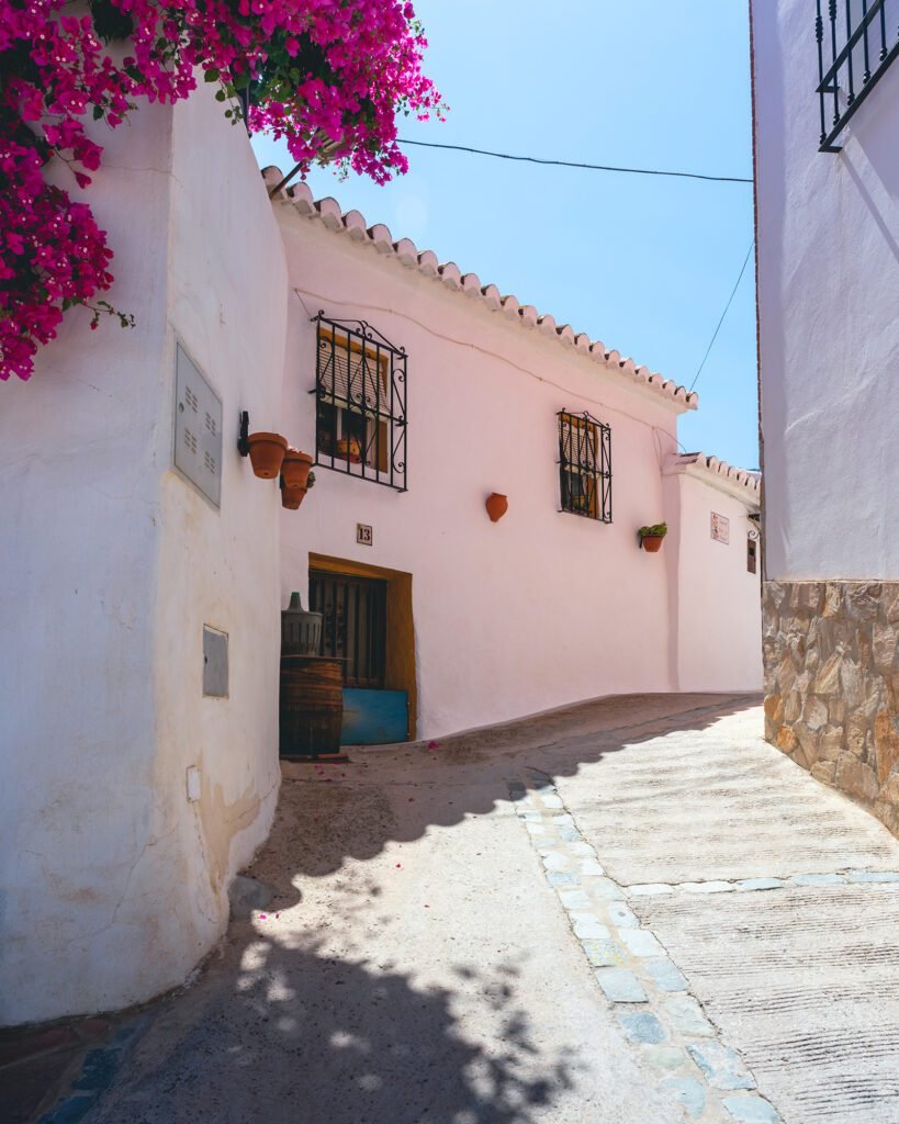 Calle de Moclinejo con una casa blanca y una buganvilla llena de flores